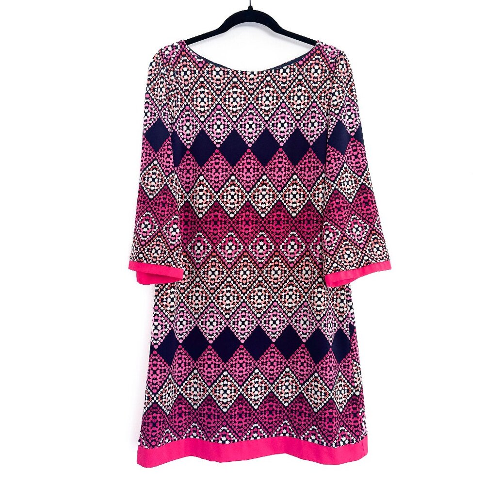 Eliza‎ J Geometric Print Jersey Shift Dress Pink Navy Boat Neck Women's 14 Boho